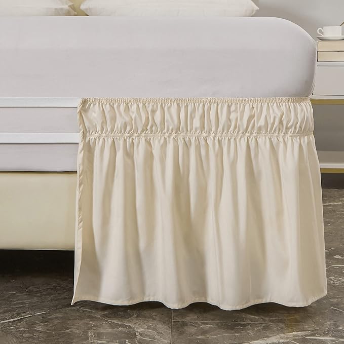 MEILA Wrap Around Bed Skirt Three Fabric Sides Elastic Dust Ruffled 24 Inch Tailored Drop,Easy to Install Fade Resistant-Beige, Twin/Full
