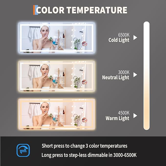 GarveeHome 60x25 LED Bathroom Mirror with Lights, Dimmable, Anti-Fog, Backlit + Front Lit, Smart Bathroom Vanity Mirror for Wall, Memory Function, Shatter-Proof (Horizontal/Vertical)