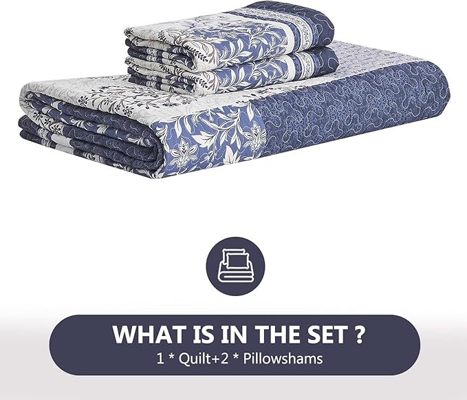 100% Cotton Quilt Set Queen Size - Floral Quilted Comforter, Patchwork Botanical Queen Quilt Bedspread, Reversible Vintage Farmhouse Lightweight Bedding for Queen Bed, 3pcs, Blue/Beige
