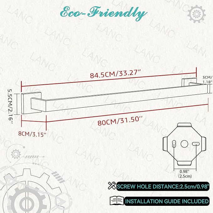 LANC 32-Inche Long Towel Bars for Bathroom Wall Mounted Brushed Gold Bath Towel Racks Stainless Steel 80CM Towel Rails for Kitchen Square Gold Towel Holder Total-33.5” Towel Hanger, A8804BG-8P1