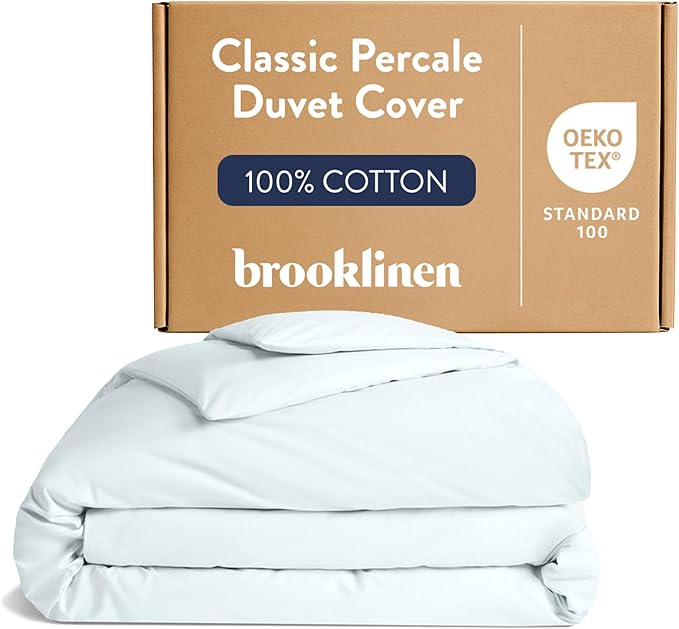 Brooklinen Luxury Percale Duvet Cover – 100% Cotton, Cool, Crisp, Extra-Long Corner Ties, Button Closure, Soft & Breathable – Machine Washable, Duvet Cover Full/Queen Bed Sizes (Sky)