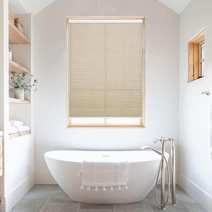 MYshade 1.5-Inch Cellular Cordless Light Filtering Shades,Thermal Insulating Noise Reducing Waterproof Blinds,Honeycomb Window Treatments for Indoor Light Control (Beige-27 W x 64" H)