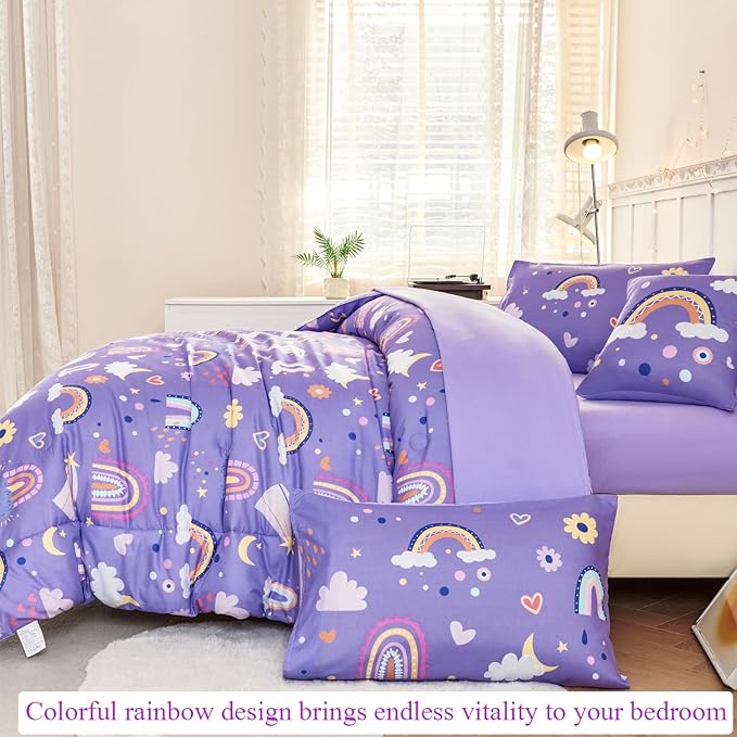 ANGIYUIN Purple Kids Full Size Bedding Set Colorfurl Rainbow and Clouds Girls Bed in A Bag with Sheets Cartoon Saleboat Stars Kid Bed Set for Girl Soft Microfiber Comforter Set, Purple, Full