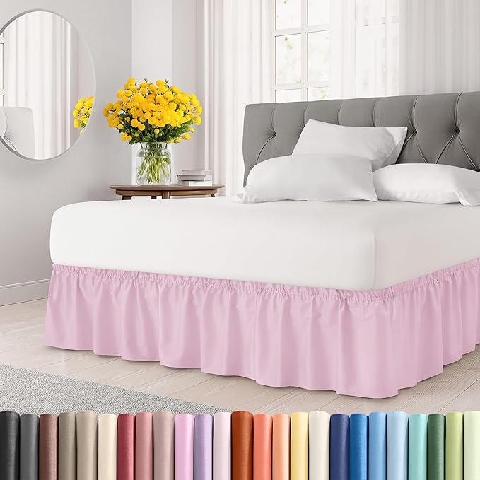 Wrap Around Dust Ruffle Bed Skirt - Light Pink - for King Size Beds with 15 Inch Drop - Elastic Strap - Adjustable Pleated Bedskirt with Brushed Fabric and Wrinkle Free - for Women, Men, Kids & Teens