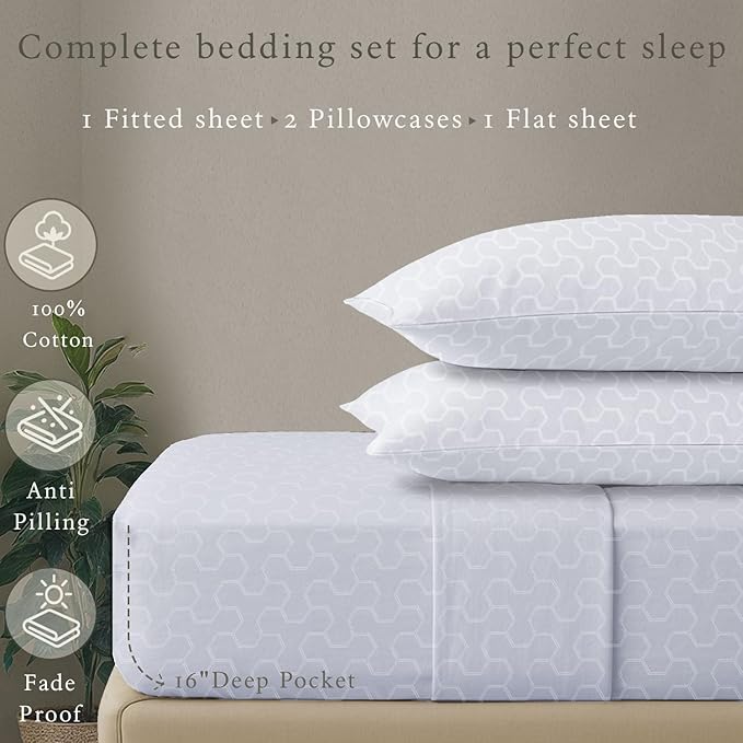 Threadmill 500 Thread Count Full Size 4 Pc Luxury Cotton Sheet Set, Jacquard Floria Hotel White, Silky Smooth Sheets with 16" Elasticized Deep Pocket, 2 Pillowcases & Free Tote Bag