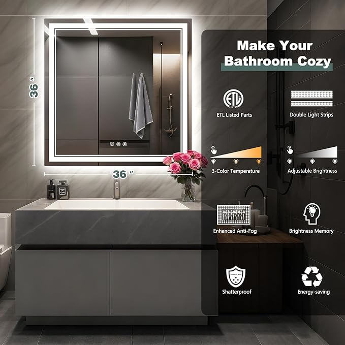 LED Bathroom Mirror with Lights: 36"x36" Wall Mounted Large Lighted Mirrors Fogless, Anti-Fog,Dimmable,Memory Function, Shatterproof Tempered Glass, Espejos para Baños, ETL Listed