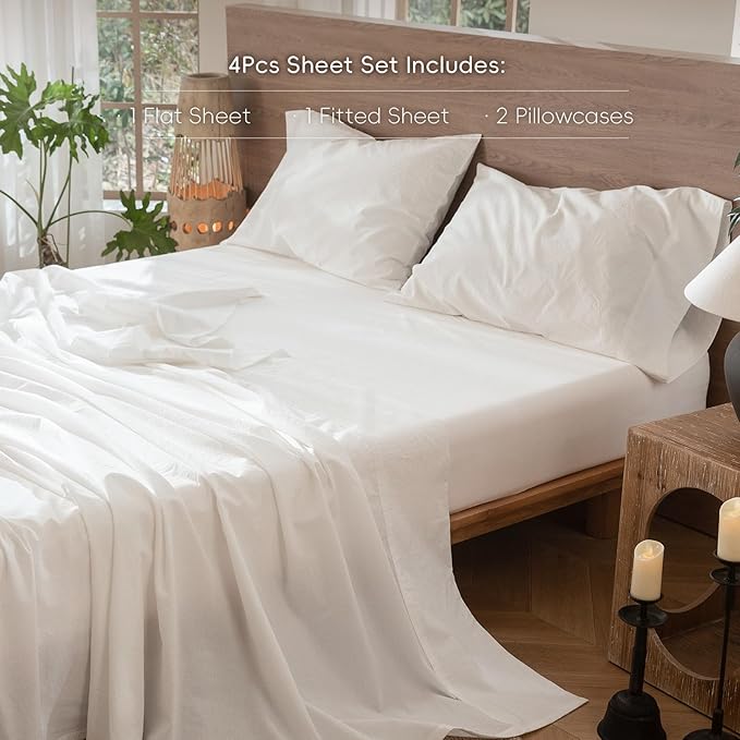 MooMee Bedding Sheet Set 100% Washed Cotton Linen Like Textured Breathable Durable Soft Comfy (Solid Off White, Queen)