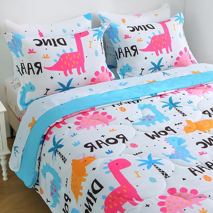 Wajade 7 Piece Kid Girls Dinosaur Comforter Set Twin Size 3D Pink Dinosaur Wild Park Jungle Print Bedding Set with Comforter, Sheet Set, Pillowcase and Sham