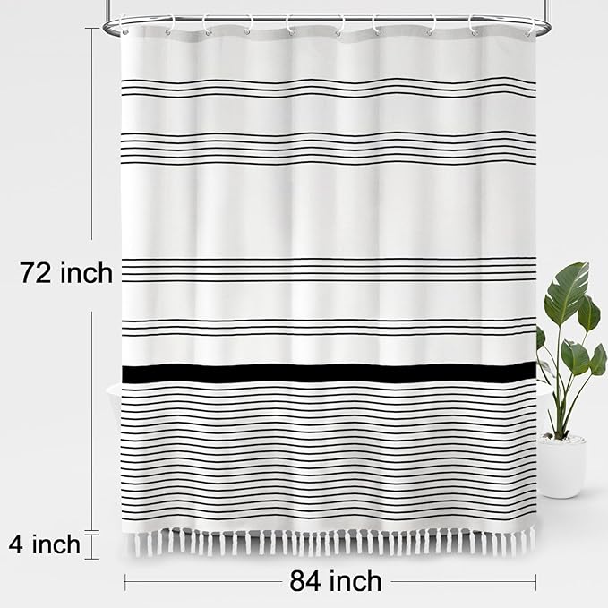 Awellife Black and White Boho Shower Curtain for Bathroom Stripe Tassel Shower Curtain Farmhouse Cotton 72" L x 84" W
