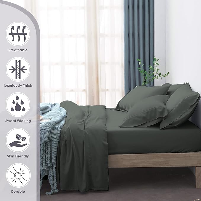 Pizuna Pure 100% Cotton Sheets 6pc King Size, 800 Thread Count Long Staple Cotton Crisp Sateen Sheets 6pc King with 15inch Deep Pocket (Combed Dark Grey Cotton Sheets 6pc King)
