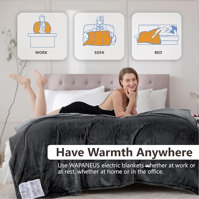 Wapaneus Heated Blanket Electric King Size 90"x100"-Dual Control with 10 Heat Levels 12 Timer Settings and 8 Hours Auto-Shut Off,Fast-Heating Electric Blanket,ETL Listed Machine Washable,Dark Grey