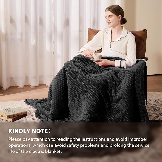 Homemate Heated Blanket Electric Throw - 50"x60" Heating Blanket Throw 1/2/4/6/8 Hours Auto-Off 10 Heat Levels Over-Heat Protection Soft Flannel Sherpa ETL Certification