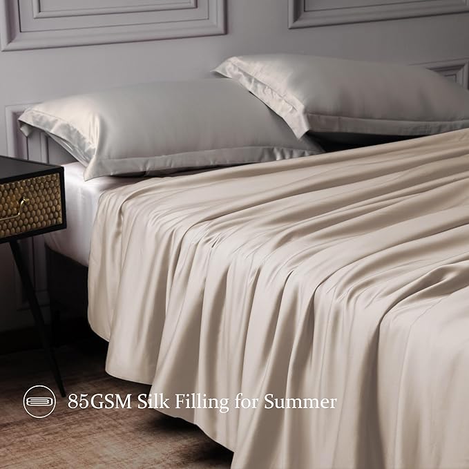 CUDDLE DREAMS Lightweight Silk Filled Comforter for Summer, Detachable Tencel Duvet Cover for Easy Care, Naturally Breathable (Light Pewter, Twin)