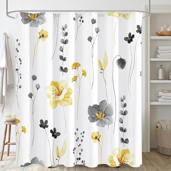 Gibelle Yellow and Grey Floral Shower Curtain, Watercolor Flower Shower Curtain for Bathroom, Modern Minimalist White Waterproof Fabric Shower Curtain Set with Hooks 72x72 Inch