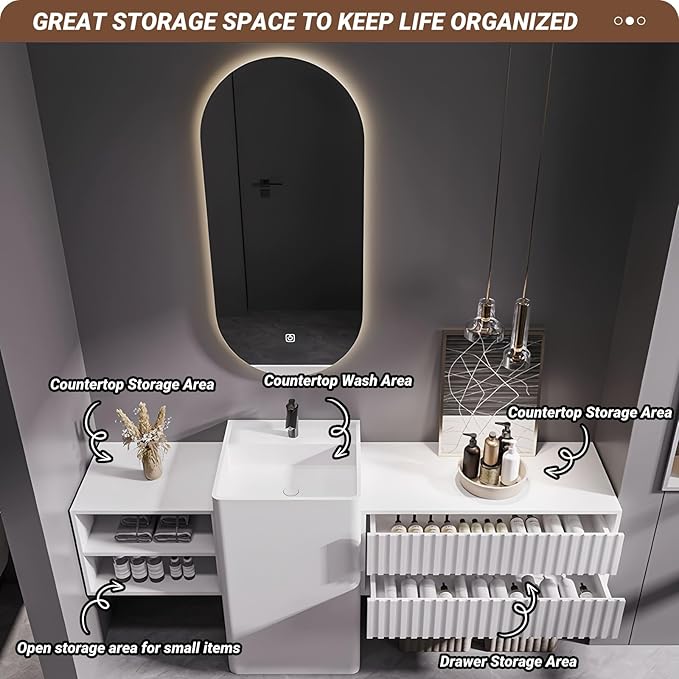 72Inch Freestanding Sink Bathroom Vanity, Wall-Mount Bathroom Cabinet with Open Storage and Striped Drawers, Solid Wood Bathroom Vanity with Smart Defog Mirror and Spacious Rock Plate Countertop