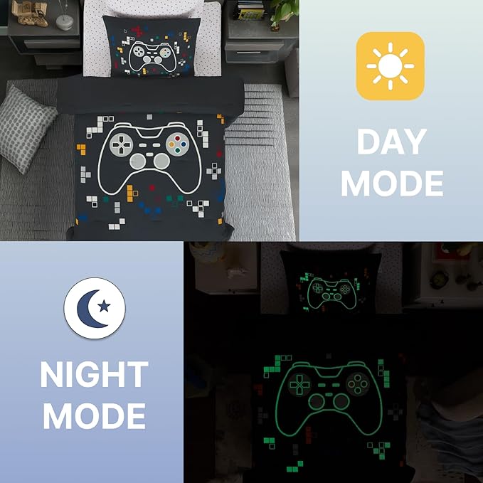 Twin Comforter Set for Boys-5 Pieces Gamer Glow in The Dark Twin Bedding Sets for Kids, Ultra Soft Bed in A Bag with Sheets