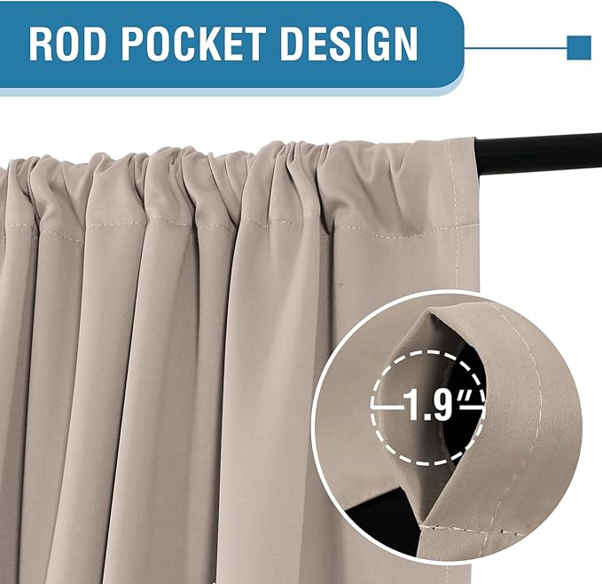 H.VERSAILTEX 100% Blackout Curtains for Bedroom Thermal Insulated Blackout Curtains 96 Inches Long Rod Pocket/Clip Rings Curtains for Living Room with Black Liner 2 Panels, Natural Sand