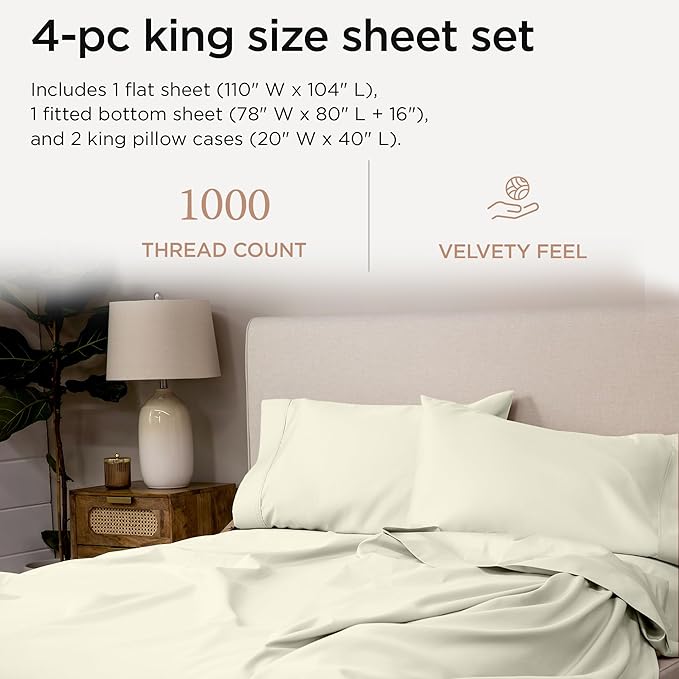 Threadmill Certified 100% American Supima Cotton Sheets, King-Sheets, 1000 Thread Count, 4 Piece Luxury Bed Sheets Set, Hotel Quality Sateen Weave, Ivory Sheet with Elasticized Deep Pocket