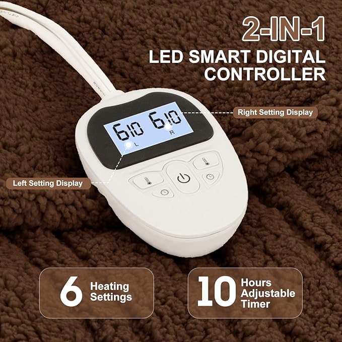 Heated Blanket Queen Size Single Control - 84"X90" Soft Double Sided Sherpa Electric Blanket with 6 Fast Heating Levels & 10 hrs Timer Settings, Washable & ETL Certified for Bed, Brown