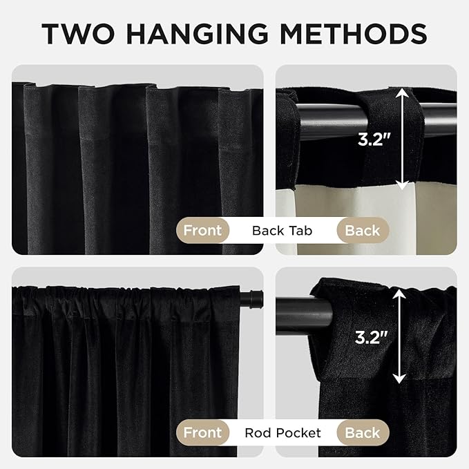 Joydeco Black 100% Blackout Curtains 90 Inch 2 Panels, Luxury Thermal Insulated Black Velvet Curtains for Bedroom Living Room, Soundproof Blackout Window Drapes, Rod Pocket & Back Tab (42W x 90L)