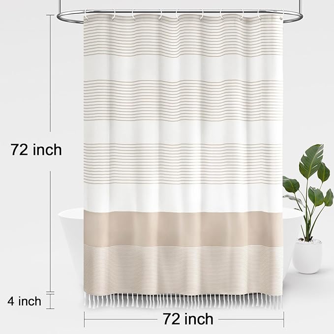 Awellife Boho Beige Shower Curtain for Bathroom Cotton Stripe Tassel Shower Curtain 72 X 72 Inches Natural Texture