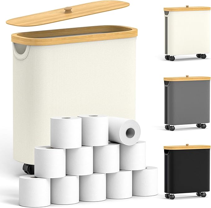 Toilet Paper Storage with Wheel Bamboo Toilet Paper Holder with Lid and Handle Toilet Papers Organizer for Bathroom Free Standing 30L Papers Basket for 9-12 Rolls Bathroom Accessories, Beige