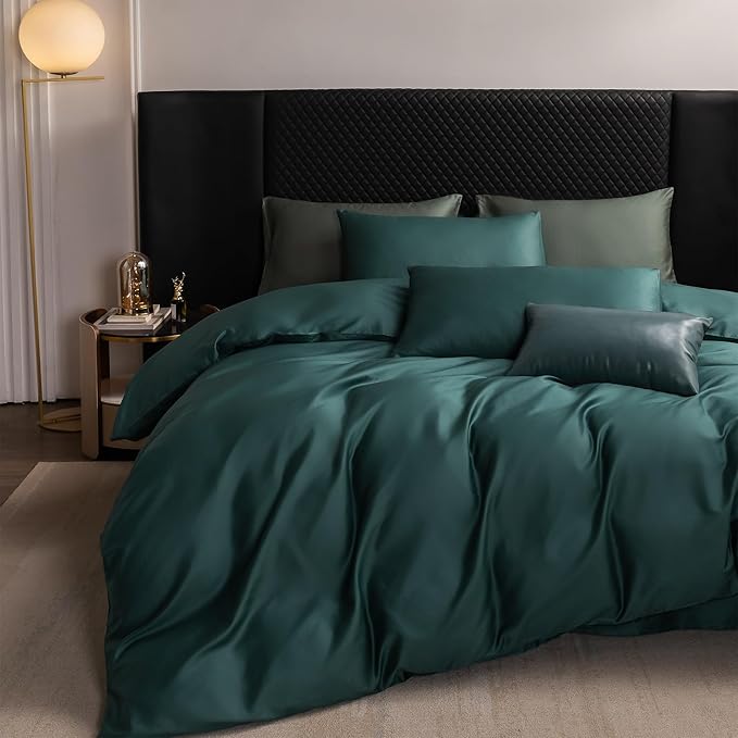 MooMee Duvet Cover Set 100% Extra Long Staple Cotton 600 Thread Count Silky Sateen Smooth Luxury Soft Breathable Durable Hotel Quality Bedding, 3 Pieces (Forest Green, Full 80"x90")