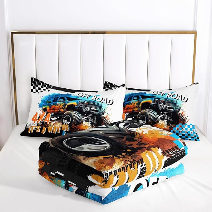 Off Road Truck Comforter Queen Size for Boy，Off Road Truck Bedding Queen Size，with 1 Comforter with 2 Pillow Case，Off Road Truck Bedroom Decor