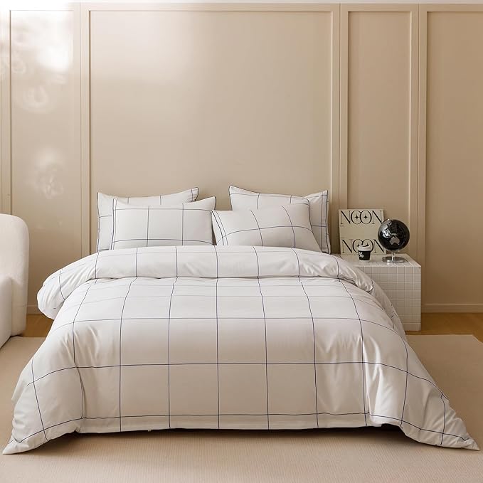 KAREVER White Grid Comforter Cal King Women White with Navy Blue Square Lines Checkered Bedding Set California King White Plaid Comforter Cal King Size