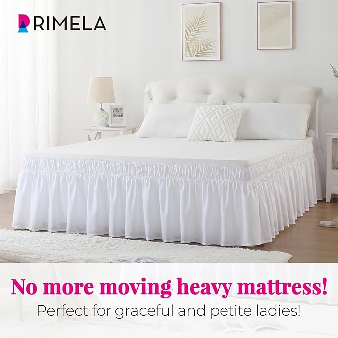 RIMELA Bed Skirt King Size White Bed Skirt 25 Inch Drop, Wrap Around Elastic Adjustable Bedskirt, Dust Ruffle for Bed Frame & Box Spring Soft Durable Fabric Machine Washable Easy to Install