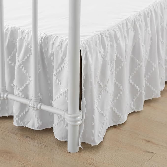 Bed Skirt King Size Ruffled Bed Skirt with Split Corners, 18 Inch Drop Dust Ruffle Bed Skirts with Platform, Boho Tufted Shabby Chic Full Size Bed Skirts, White