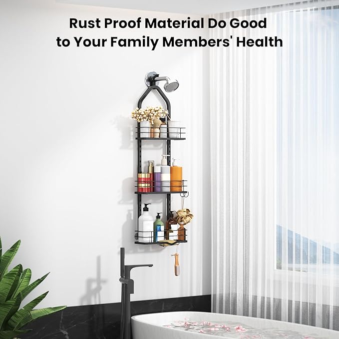 Shower Caddy Hanging (Black), Adjustable Anti-Swing-Over The Shower Head Caddy, 3 Tier Height Bathroom Storage Organizer, Bathroom Shelves Basket Rack, Shower Caddies Rack with Adjustable Soap Basket