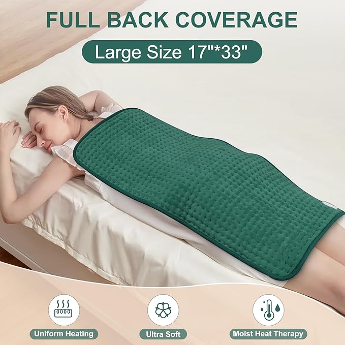 Heating Pad for Back Pain Relief 17"x33" Large, Moist Dry Heat Options, XL Electric Heating Pads, 9 Heat Settings, Machine Washable, Auto-Off, Gifts for Women, Mom, Men