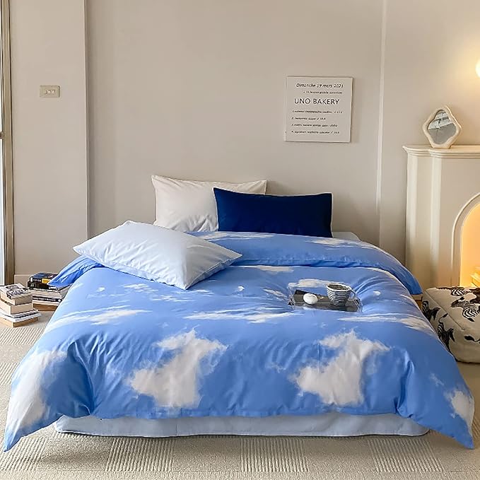 KAREVER Blue Cloud Comforter Set King Size Sky Blue Bedding Women 3 Pieces Soft Light Blue King Bed Blanket Set for All Season as Gift
