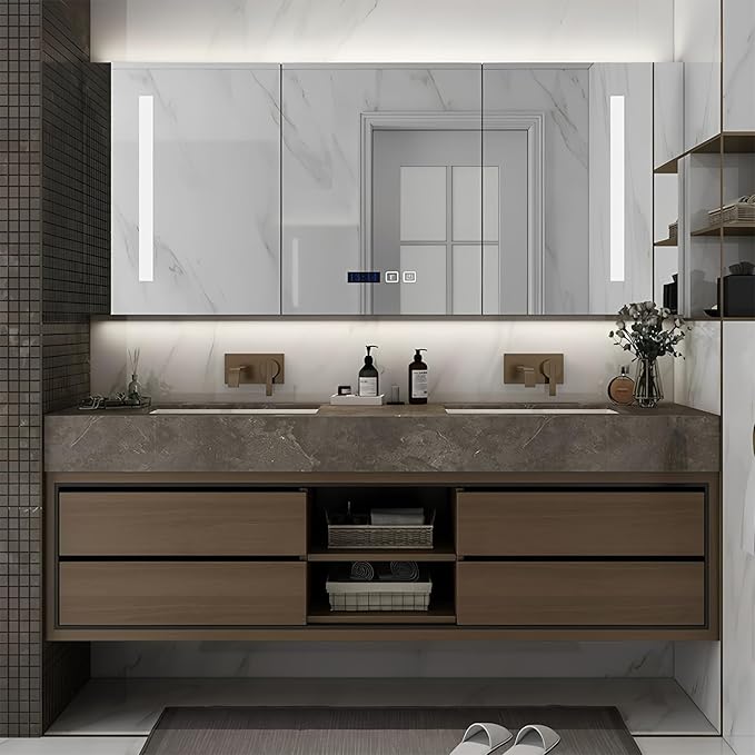 72IN Double Sink Bathroom Vanity, Floating Modern Bathroom Vanity Include Smart Defog Mirror Cabinet with LED Light, Solid Wood Vanities with Integrated Sink and Drawers Storage