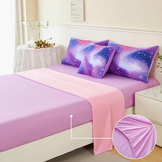 URBONUR 6Pcs Glitter Comforter Set for Girls Queen Size Colorful Gradient Galaxy Bedding Set Kids Teen Comforter Sets Bed in A Bag Queen (Purple Blue)