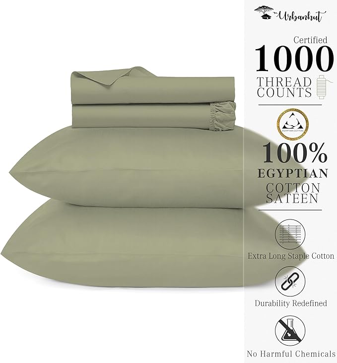 URBANHUT 100% Egyptian Cotton Sheets - 1000 Thread Count Full Size Sheets Set (4Pc), Long Staple Cotton Bedding Sheets, All Season Sateen Weave, Luxury Hotel Bedsheets,16" Deep Pocket - Sage(Moss)