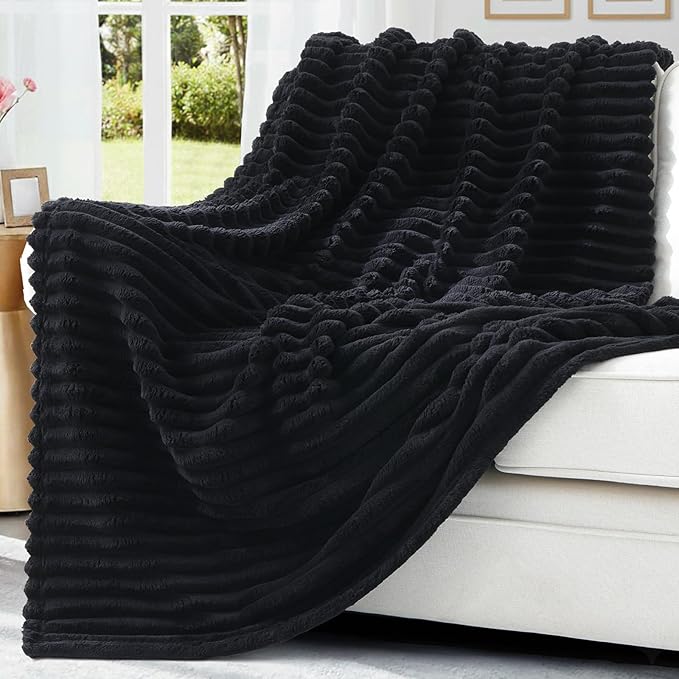 decorUhome Christmas Soft Fleece Black Blanket Queen Size for Bed, Cozy Fluffy Plush Flannel Large Striped Throws for Couch Sofa, Lightweight Decorative Fuzzy Blanket for Woman, 90x90 Inches