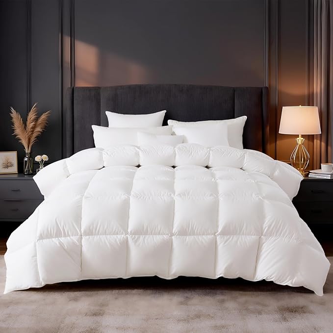DROVAN Goose Feather Down Fiber Comforter Twin Size - 100% Cotton Duvet Insert with 8 Corner Loops - Luxurious All-Season Hotel Collection, 68x90 Inch