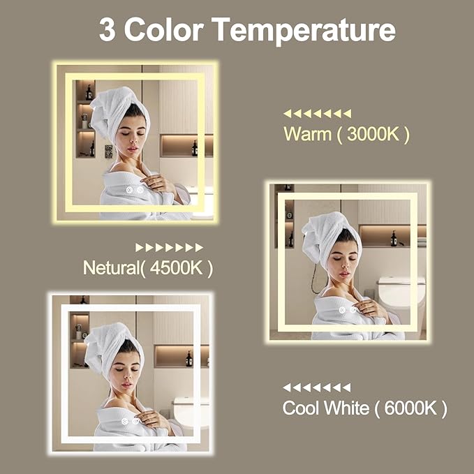 36 X 36 Inch Square LED Bathroom Vanity Mirror, 3 Colors Light Dimmable, Wall Mounted Memory Lighted Makeup Mirror with Anti-Fog Touch Switch (Front-lit&Backlit)