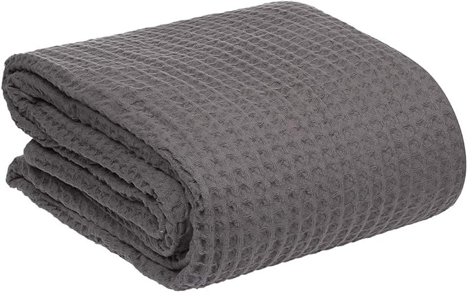 HILLFAIR 100% Combed Cotton Blanket– Queen Size Bed Blanket– Warm Soft All Season Breathable Lightweight Summer Blankets– Waffle Weave Home Decor Bed Blanket- Grey Queen Bed Cotton Blankets/Bedcover