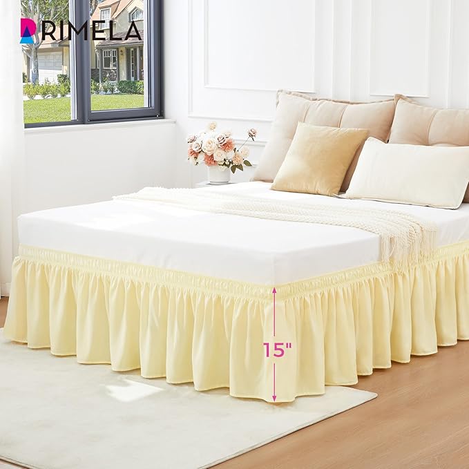 RIMELA Beige Yellow Bed Skirt Twin Size 15 Inch Drop, Elastic Bed Skirting for Bed Base and Frame, Bedding Dust Ruffle Easy to Install, Lightweight Wrap Around Adjustable Bedskirt