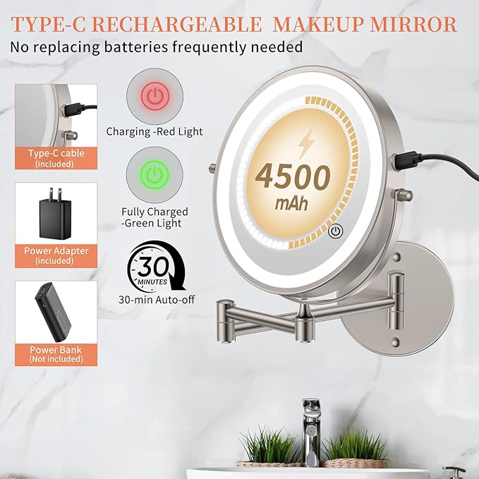 FUNTOUCH 9" 30X/1X Magnifying Wall Mounted Lighted Makeup Mirror, 4500mAh Rechargeable Double Sided Mirror with Light, 3 Color Lights,Touch Dimmable, 360 Rotation Extended Arm for Bathroom,Nickel