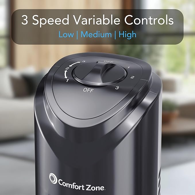 Comfort Zone Tower Fan for Bedroom, 32 inch, 3 Speeds, 90 Oscillation, Bladeless Indoor Fan, Built in Carry Handle, Portable Stand Fan, Black