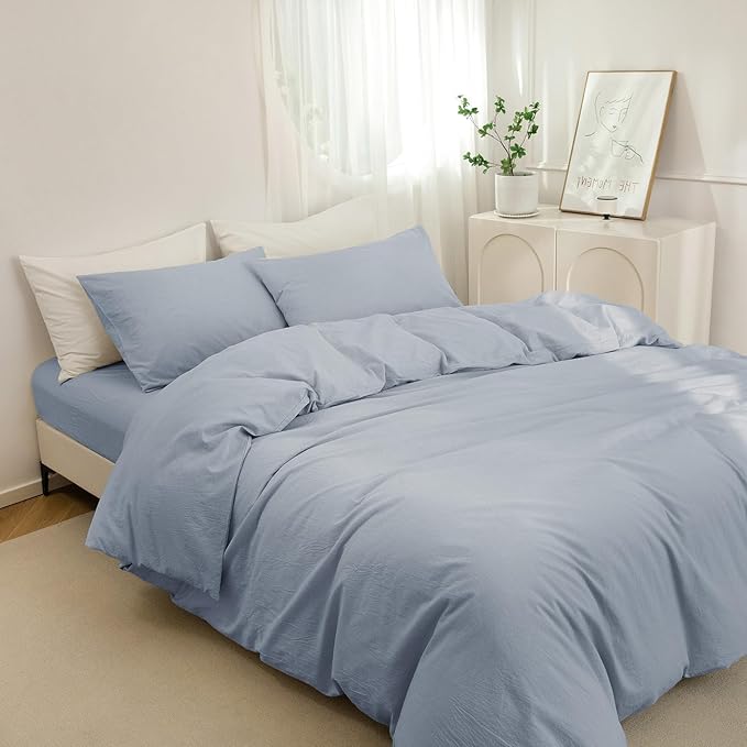 JIYUAN 100% Washed Cotton Duvet Cover Set 3 PCS Oversized King, 1 Duvet Cover 120"x98" (Comforter Not Included) and 2 Pillowcases,Linen Feel Bedding Set Comfy and Breathable, Heathered Light Blue