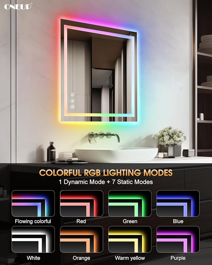 oneup 24x32'' RGB Bathroom Mirror with Lights,RGB Color Changing LED Bathroom Mirror for Wall,Lighted Vanity Mirrors,Dimmable,Anti-Fog,IP54 Waterproof