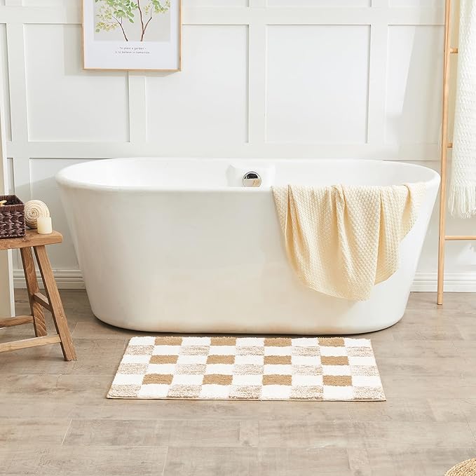 CozeCube Bath mats for Bathroom Non Slip, Fluffy Absorbent Microfiber Bath mat Washable, Aesthetic Bathroom Rugs, Long Beige Checkered Bath Runner, Beige, 59" x 24"