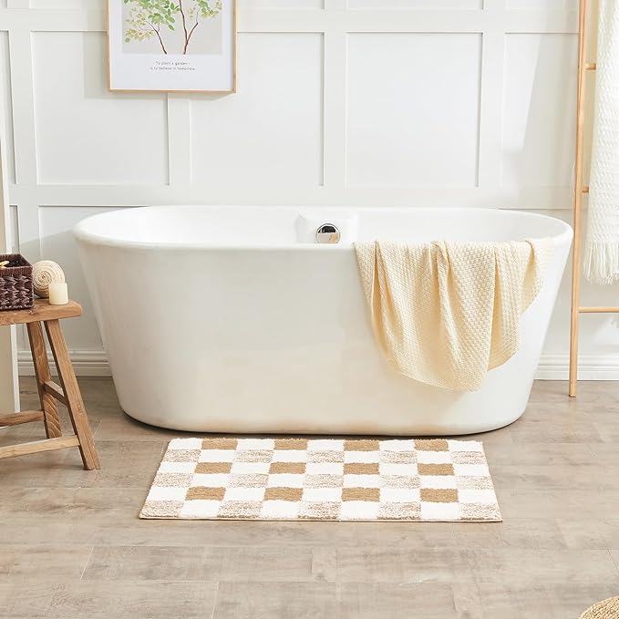 CozeCube Bath mats for Bathroom Non Slip, Fluffy Absorbent Microfiber Bath mat Washable, Aesthetic Bathroom Rugs, Small Beige Checkered Bath mat, Beige, 24" x 16"