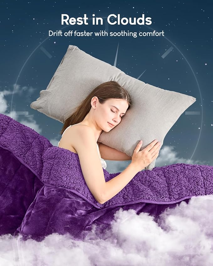 Cottonblue Weighted Blanket 15 lbs Queen Size, Flannel Shaggy Sherpa Weighted Blanket for Adults Comfortable Weighted Blankets for Calming and Relax, Bed Sofa Heavy Blankets, 60x80 inches, Purple