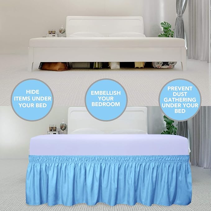 PureFit Wrap Around Ruffled Bed Skirt with Adjustable Elastic Belt - 18 Inch Drop Easy to Put On, Wrinkle Free Bedskirt Dust Ruffles, Bed Frame Cover for Twin,Twin XL and Full Size Beds, Light Blue